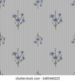 seamless texture with blue striped baclground and flowers