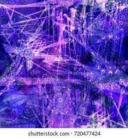 Seamless texture. Blue, violet, pink colors. Scratches pattern with decorative elements as mandala. Abstract vector background for web page, banners, fabric, home decor, wrapping 