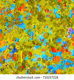 Seamless texture. Blue, yellow, red colors. Stains and strokes. Grunge pattern. Repeatable backdrop for textile, wrapping paper, web page, banners