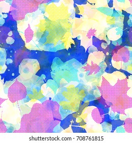 Seamless texture. Blue, yellow, white, purple colors. Dotted leaves. Abstract vector background for web page, banners, fabric, home decor, wrapping 