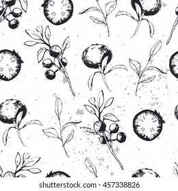 Seamless texture. Blueberries. Vector ornament. The branches of bilberry.  It can be use for background, clothing design, wrapping paper.