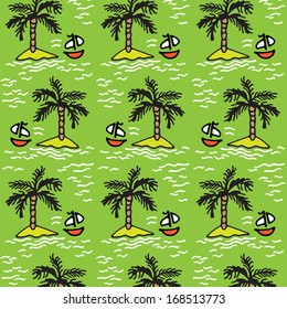 Seamless texture with boat and tropical island.
