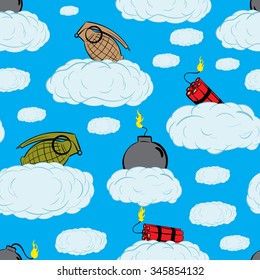 Seamless texture with bombs, dynamites and grenades on clouds