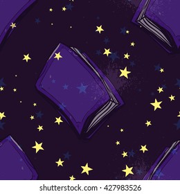 Seamless texture with books in the night sky. Fairy seamless texture.