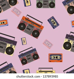 Seamless texture. Boombox and a cassette. Retro. vector