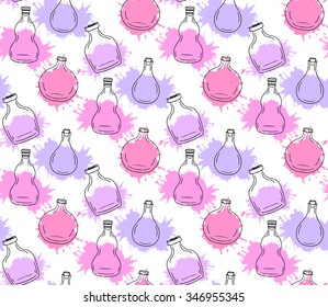 Seamless texture with bottles and flasks, and watercolor splashes for your creativity