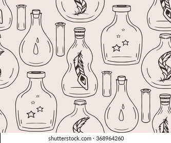 Seamless texture with bottles, jars and flasks with feathers, stars inside. Vector background for your creativity