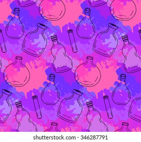 Seamless texture with bottles and jars, and watercolor splashes for your creativity