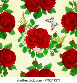 Seamless texture bouquet of red  roses and rosebuds and butterfly festive botanical background vintage vector illustration editable hand draw
