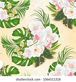 Seamless texture bouquet with tropical flowers  floral arrangement, with beautiful white orchid, palm,philodendron and ficus vintage vector illustration  editable hand draw 