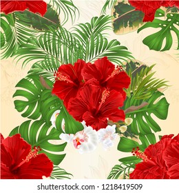 Seamless texture bouquet with tropical flowers  floral arrangement, with beautiful red hibiscus and orchid palm,philodendron and ficus vintage vector illustration  editable hand draw