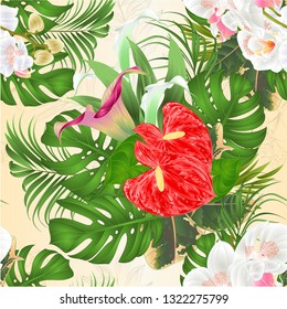 Seamless texture bouquet with tropical flowers  floral arrangement, with beautiful white orchids,lilies Cala and anthurium, palm,philodendron and ficus vintage vector illustration  editable hand draw 