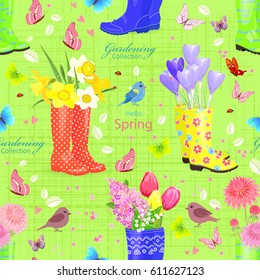 seamless texture with bouquets of lovely flowers in rubber boots. hello spring