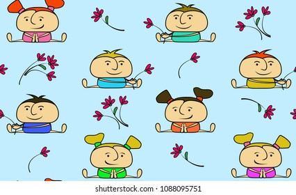 Seamless texture with boys, girls and flowers