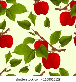 Seamless texture branch apple tree with red apples and leaves  autumn background watercolor vitage vector  illustration editable hand draw