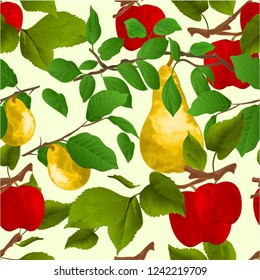 Seamless texture branch apple tree with red apples and yellow ripe pear   autumn background watercolor vitage vector  illustration editable hand draw