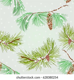 Seamless texture branch pine and Snowflakes natural background vector illustration
