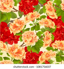 Seamless texture branch red and yellow hibiscus branches tropical flowers  vintage  vector botanical illustration editable hand draw