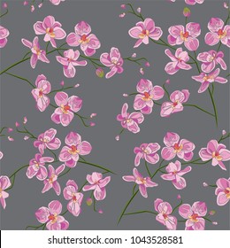 Seamless texture branches orchid flowers a leaves stem and buds.
Vector botanical illustration
