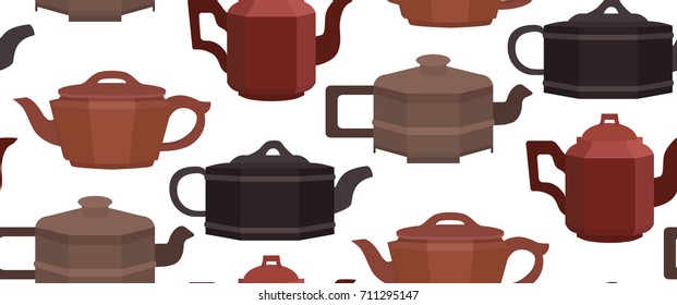 Seamless texture with brewing clay Chinese teapots. Vector background for your creativity