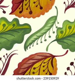 Seamless texture with bright autumn leaves and flowers on a white background. Vector illustration.