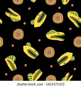 Seamless texture with bright cartoon fishes on a black background. Sea theme, freehand drawing.