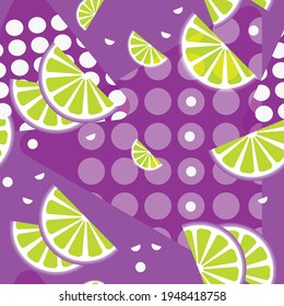 Seamless texture of bright colors, yellow lemon slices on an abstract purple background with white dots
