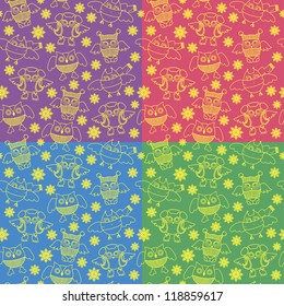seamless texture in bright flowers with owls and snowflakes