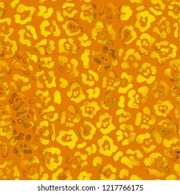 Seamless texture of bright gold leopard spots on orange background.