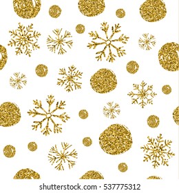 Seamless texture of bright isolated circles with glitters and snowflakes. Design illustration.
