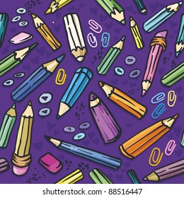 Seamless texture with bright purple crayons. Pencil vector illustration 