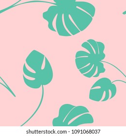 Seamless texture. Bright tropical background with jungle plants. Vector exotic pattern with leaves. monstera tropical plant on pink background. green leaves.