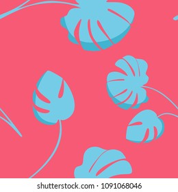 Seamless texture. Bright tropical background with jungle plants. Vector exotic pattern with leaves. monstera  tropical plant on red background. blue leaves