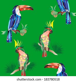 Seamless texture bright tropical birds parrots and toucans on a yellow background
