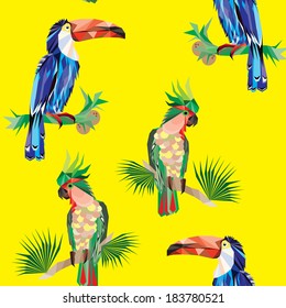 Seamless texture bright tropical birds parrots and toucans on a yellow background