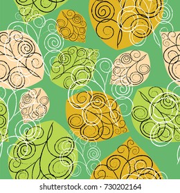 Seamless texture with bright yellow and green leaves on orange background. Vector colorful abstract elements