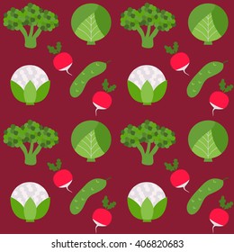 Seamless texture broccoli cucumber radish. Vector illustration of vegetarian food.
