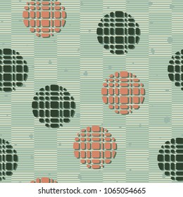 Seamless texture. Broken circles against a background of checkered striped texture. Abstraction. Pleasant background.
