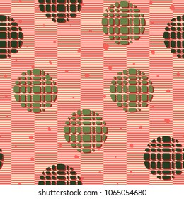 Seamless texture. Broken circles against a background of checkered striped texture. Abstraction. Pleasant background.
