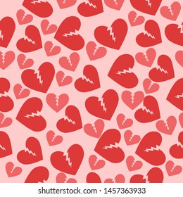 Seamless texture with broken hearts. Red pink color. Vector pattern