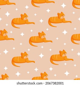 Seamless texture with brown cat and stars for textile, fabric. Vector illustration of the pattern.