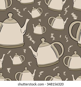 Seamless texture with brown teapots and curl