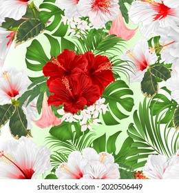 Seamless texture  Brugmansia   with  red ad white hibiscus vector 