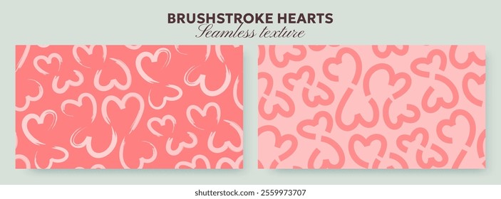 Seamless texture of brush painted hearts in two variations. Hand drawn pattern, bold line heart shapes. Romantic abstract background in pastel colors, Valentine's Day design for print, packaging.