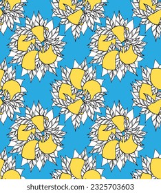 Textura sin foco con manojo de limones amarillos con follaje sobre fondo azul. Patrón vectorial con arbusto de contorno de cítricos con hojas. Antecedentes de los tejidos, papel de envoltura