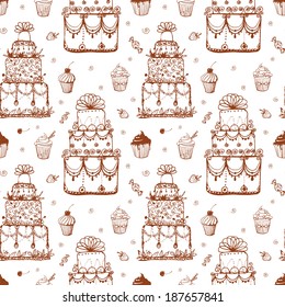 Seamless texture with cakes and cupcakes. Can be used for wallpaper, pattern fills, textile, web page background, surface textures. Vector illustration.