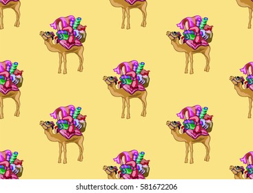   seamless texture , camel with luggage on their backs , on a yellow background
