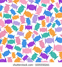 Seamless texture with the candy wrappers in different pastel colors on a white background