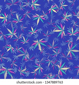 seamless texture cannabis marijuana pattern of hemp leaves abstract bright on a blue background for printing on fabric print and other things