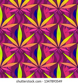 seamless texture cannabis marijuana pattern of cannabis leaves abstract bright rainbow on lilac background for print on fabric print and other things